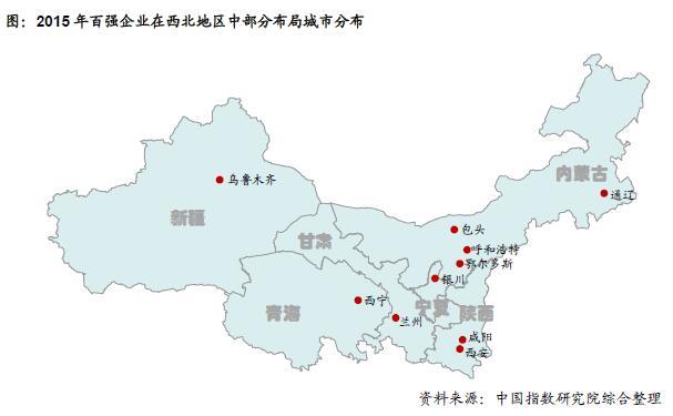 2015年百强企业在西北地区中部分布局城市分布