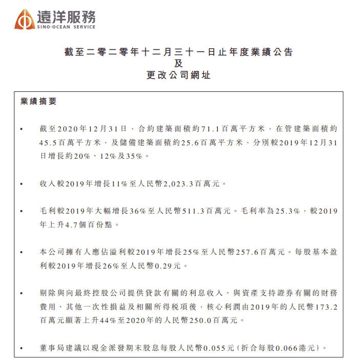 远洋服务2020年净利润2.57亿元 同比增长25%